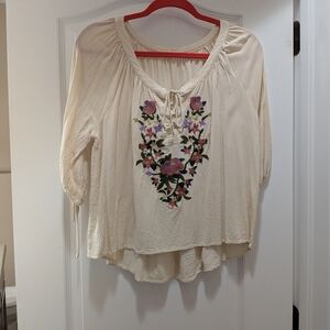Blush Cream Peasant Blouse with Multicolor Floral Embroidery